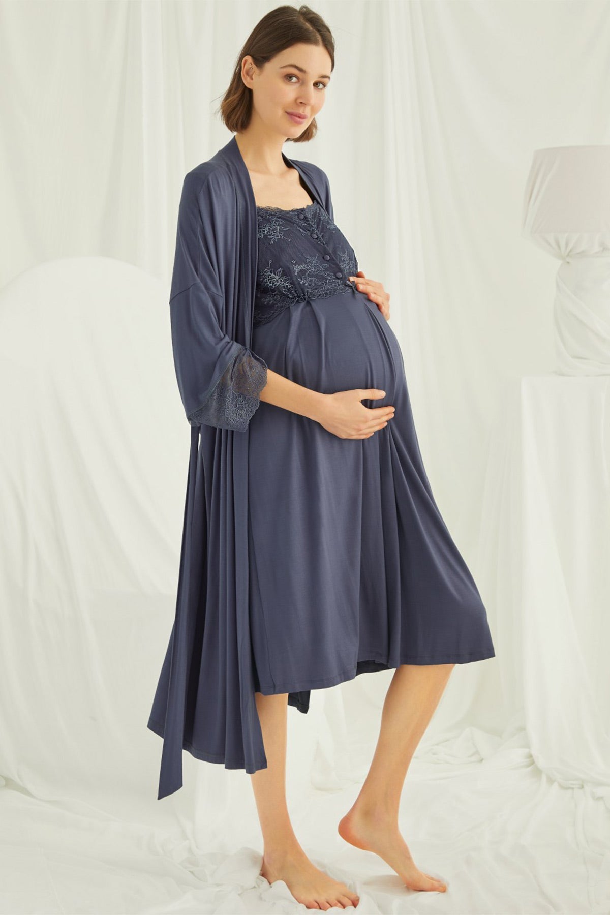 Shopymommy 18210 Lace Maternity & Nursing Nightgown With Robe Set Navy Blue