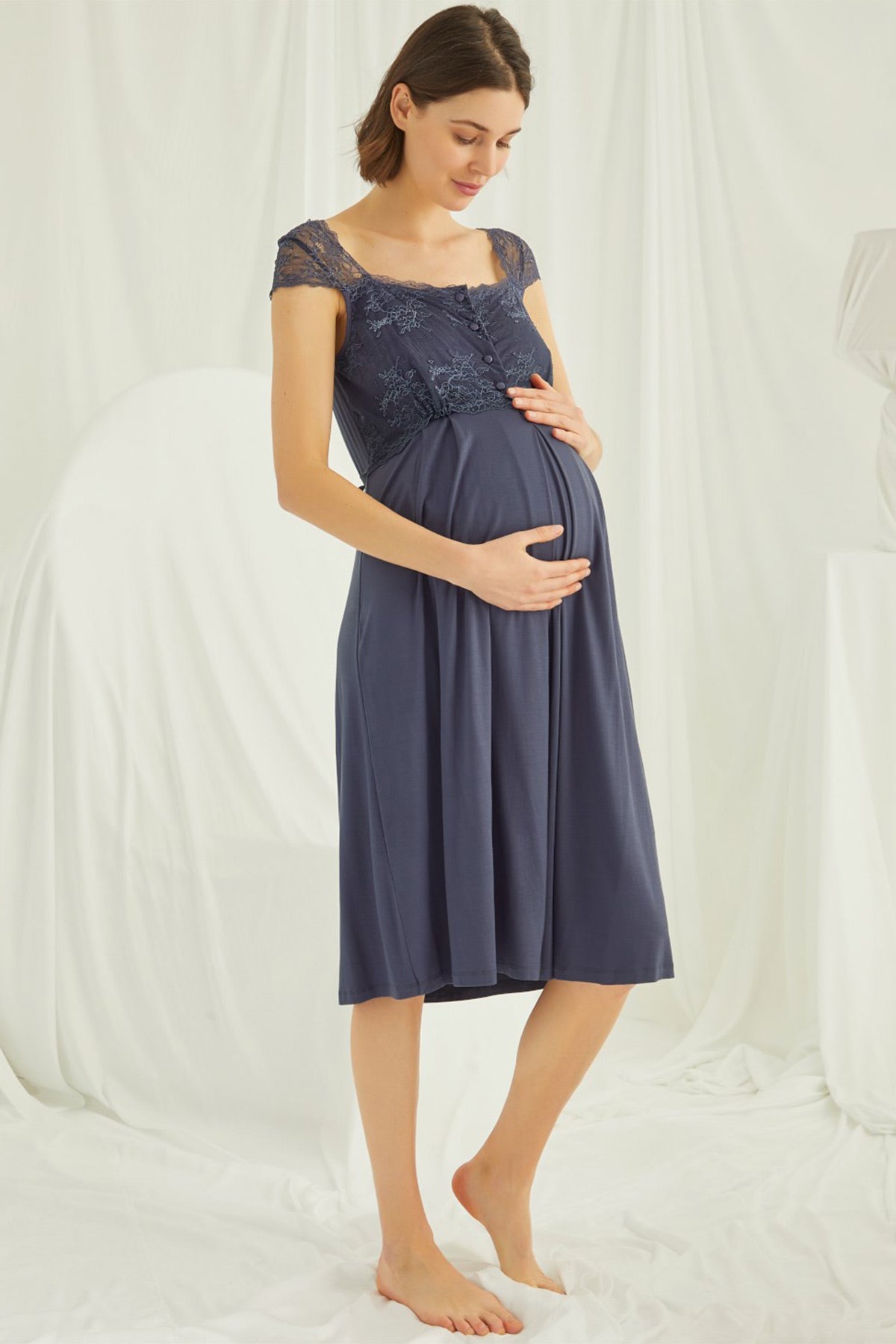 Shopymommy 18302 Lace Maternity & Nursing Nightgown Navy Blue