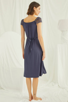 Shopymommy 18302 Lace Maternity & Nursing Nightgown Navy Blue