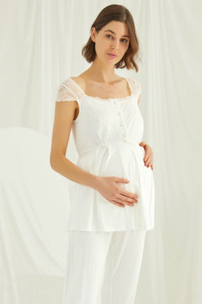 Shopymommy 18303 Lace Maternity & Nursing Pajamas Ecru