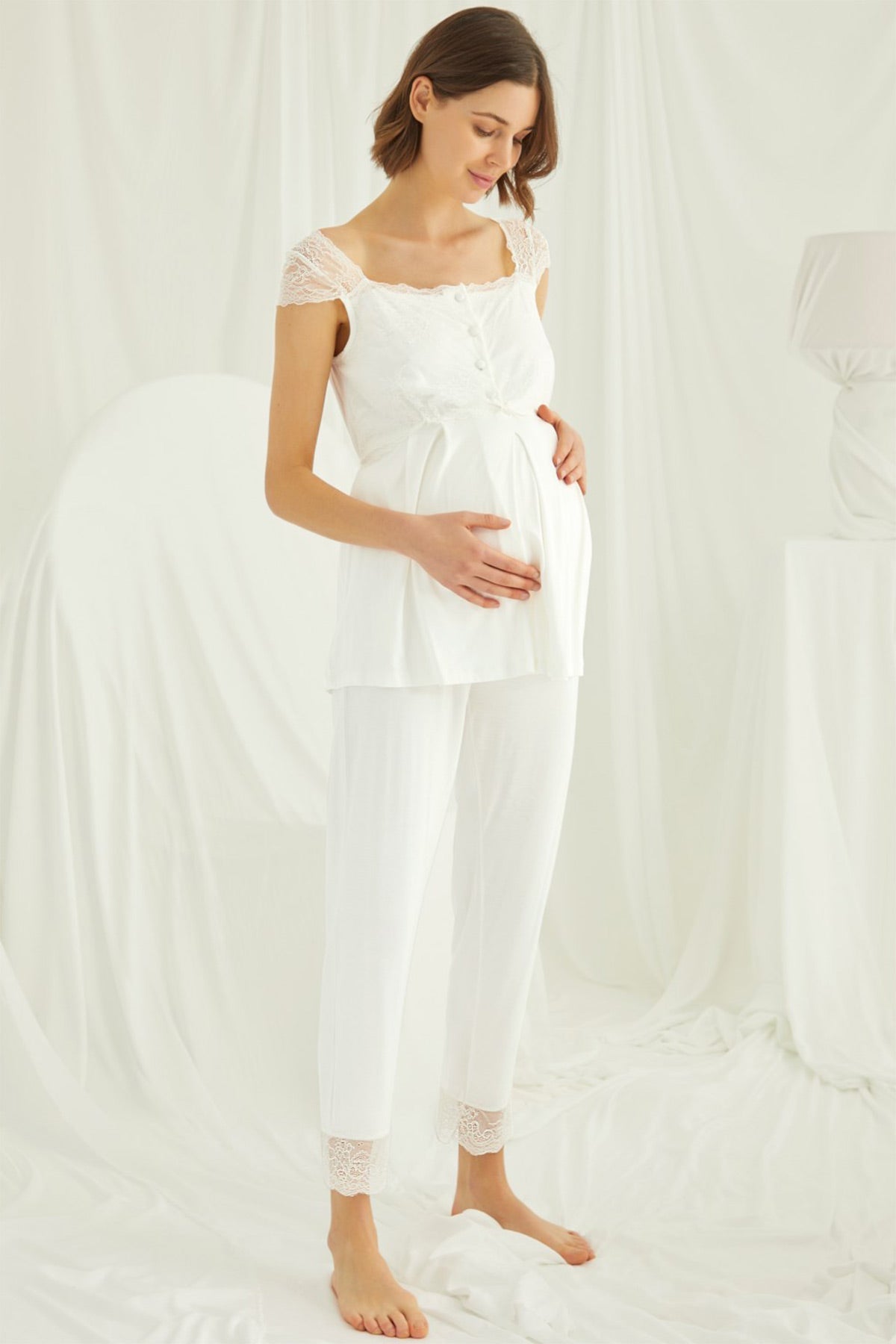 Shopymommy 18303 Lace Maternity & Nursing Pajamas Ecru