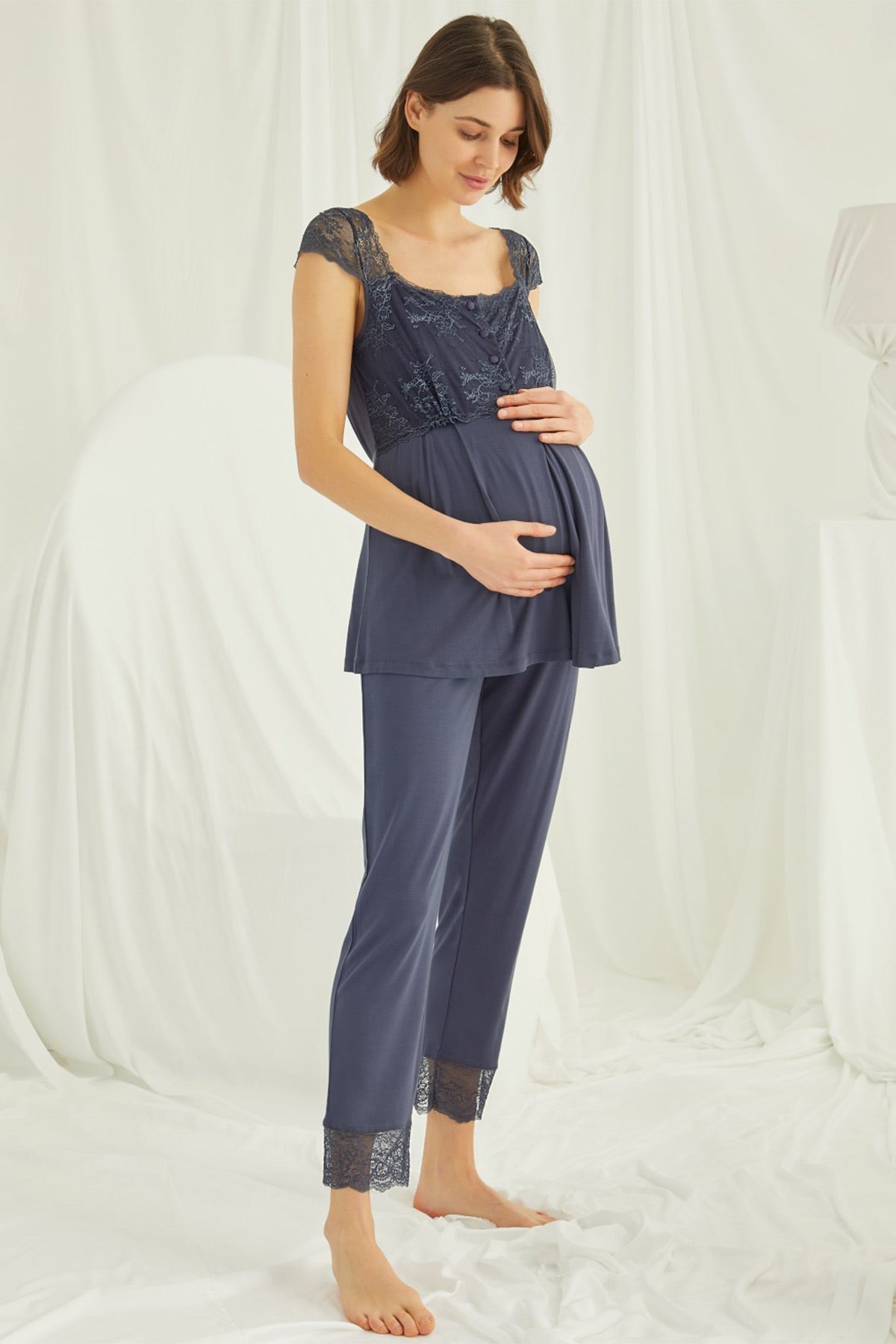 Shopymommy 18305 Lace Maternity & Nursing Pajamas Navy Blue