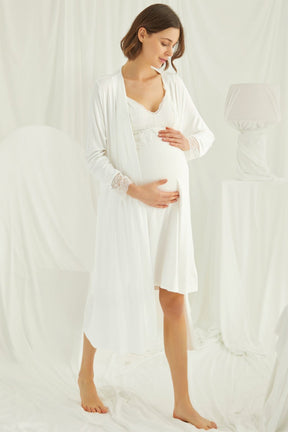 Shopymommy 18429 Lace Strappy Maternity & Nursing Nightgown With Robe Set Ecru