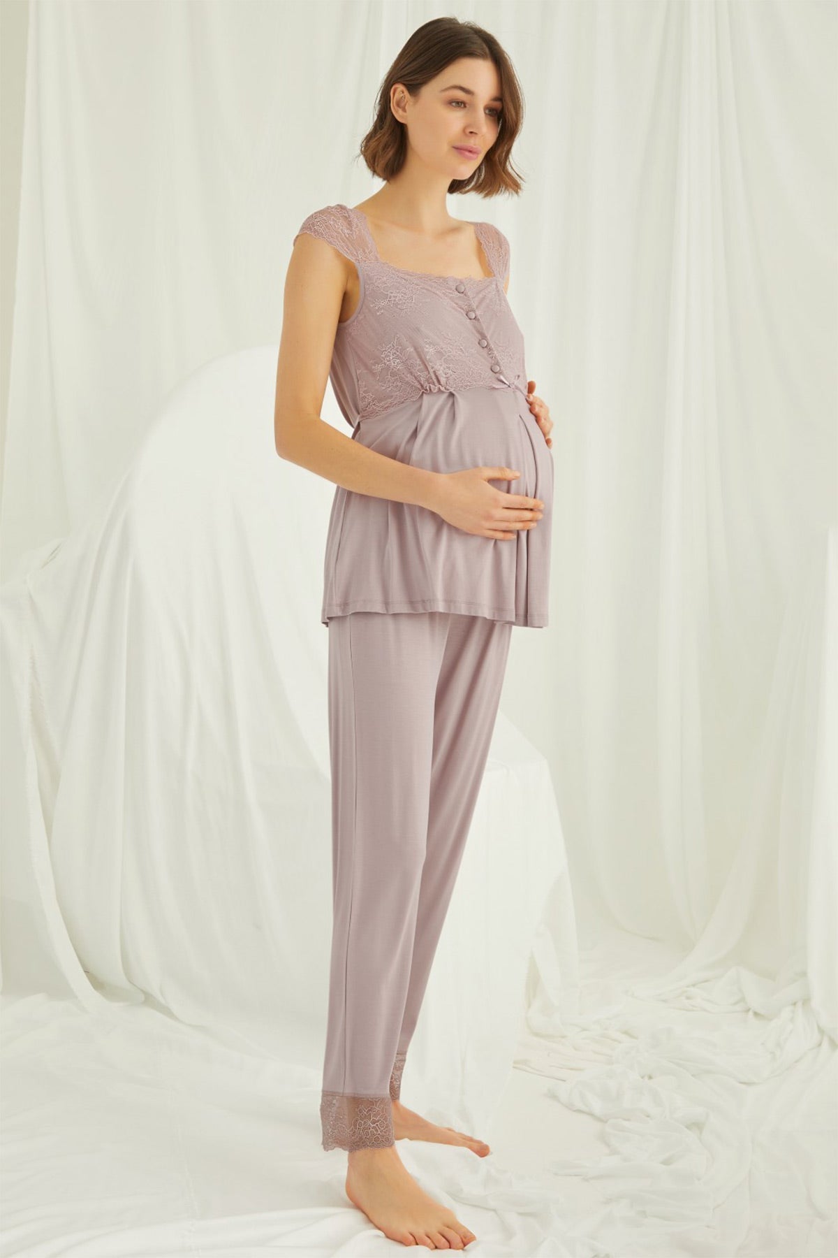 Shopymommy 18440 Lace Maternity & Nursing Pajamas Coffee