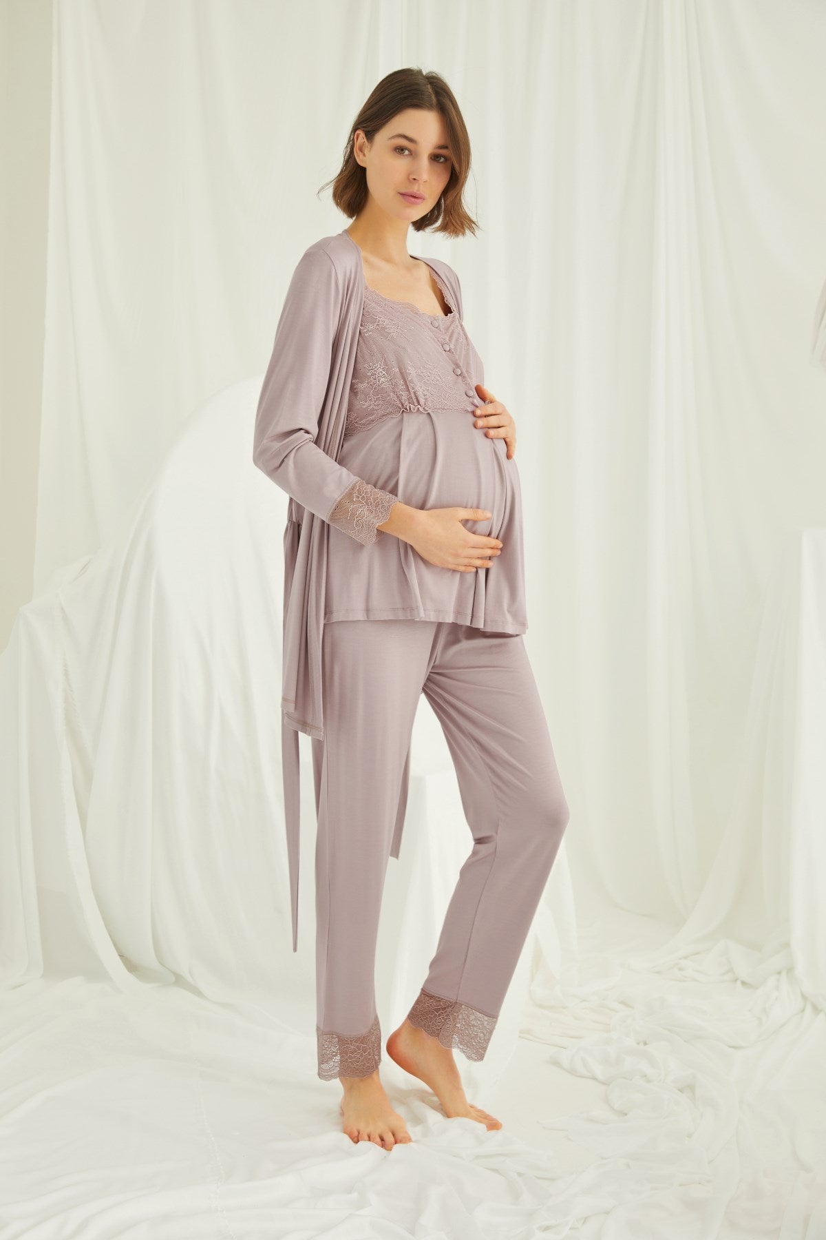 Shopymommy 18441 Lace 3-Pieces Maternity & Nursing Pajamas With Robe C