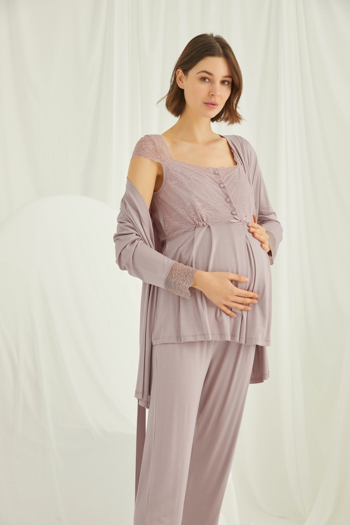 Shopymommy 2259 Lace Collar Maternity & Nursing Nightgown With Flywheel Arm  Robe Blue