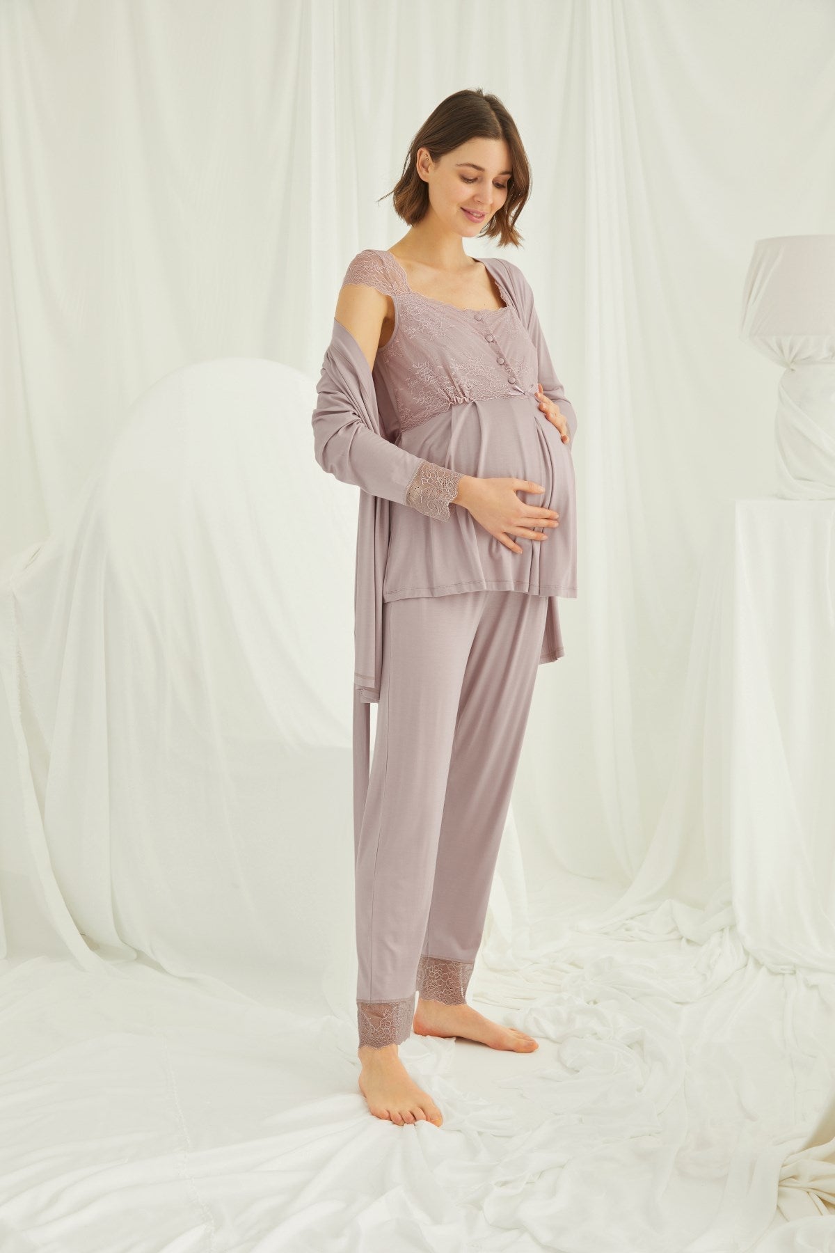 Shopymommy 18441 Lace 3-Pieces Maternity & Nursing Pajamas With Robe Coffee