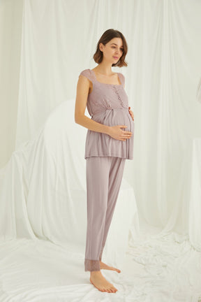 Shopymommy 18441 Lace 3-Pieces Maternity & Nursing Pajamas With Robe Coffee