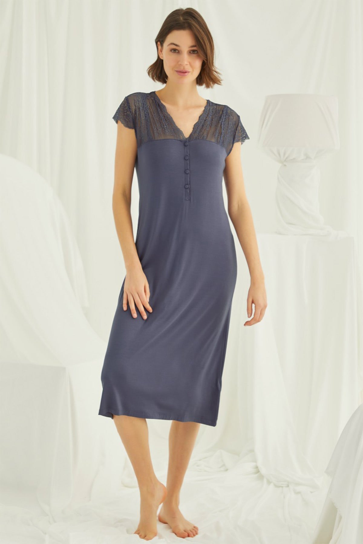 Shopymommy 18454 Lace V-Neck Plus Size Maternity & Nursing Nightgown Navy Blue