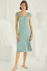 Shopymommy 18463 Lace V-Neck Long Maternity & Nursing Nightgown Green