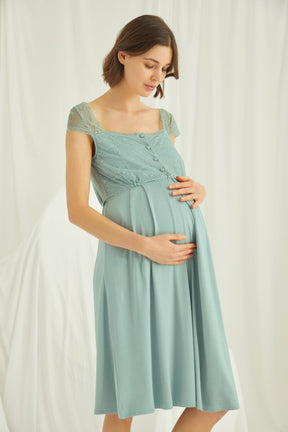 Shopymommy 18467 Lace Maternity & Nursing Nightgown With Robe Set Green