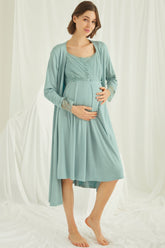 Shopymommy 18467 Lace Maternity & Nursing Nightgown With Robe Set Green