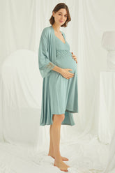 Shopymommy 18470 Lace Strappy Maternity & Nursing Nightgown With Robe Set Green
