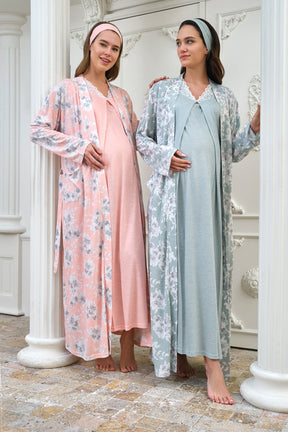 Shopymommy 4314 Lace Collar Maternity & Nursing Nightgown With Flower Patterned Robe