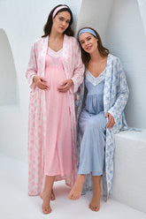 Shopymommy 4324 Lace Collar Maternity & Nursing Nightgown With Patterned Robe