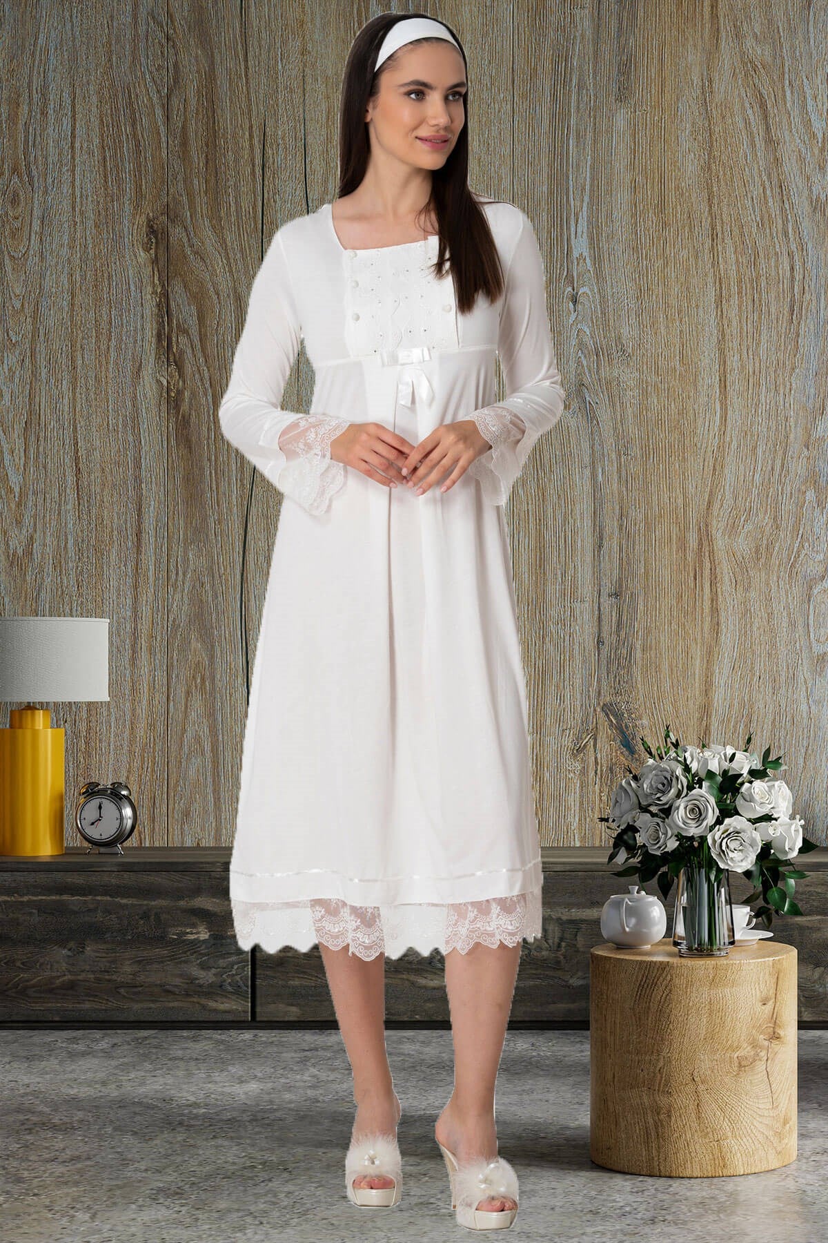 Shopymommy 5209 Skirt Lace Maternity & Nursing Nightgown Ecru