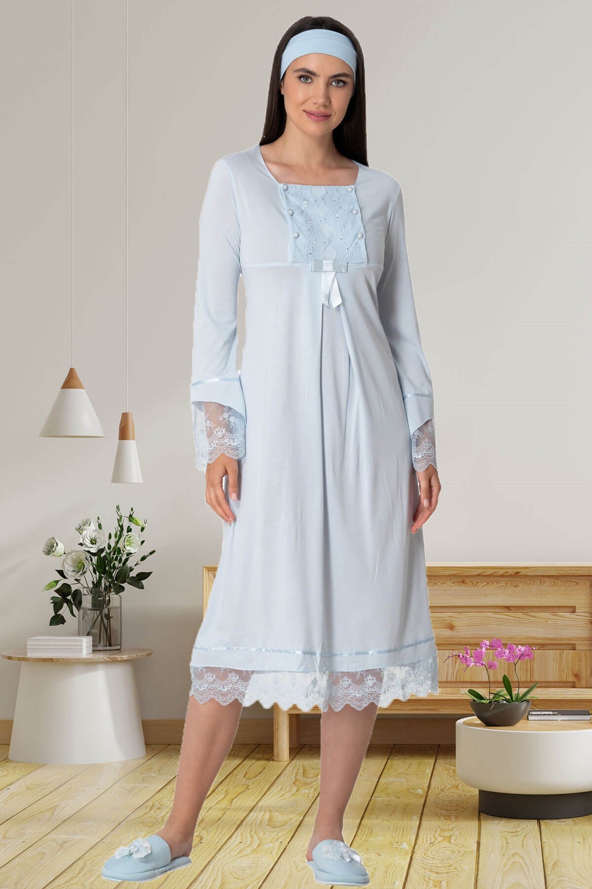 Shopymommy 5209 Skirt Lace Maternity & Nursing Nightgown Blue