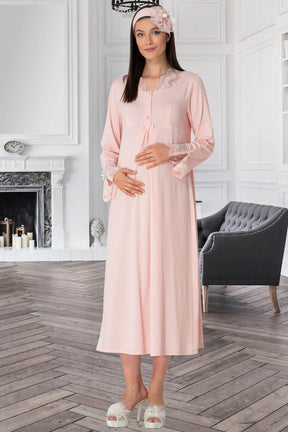 Shopymommy 5312 Lace Sleeves Maternity & Nursing Nightgown Powder