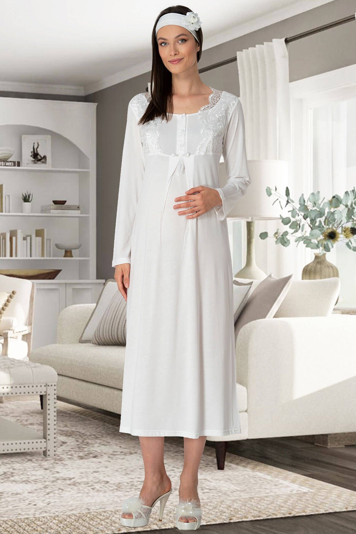 Shopymommy 5343 Lace Collar Maternity & Nursing Nightgown Ecru