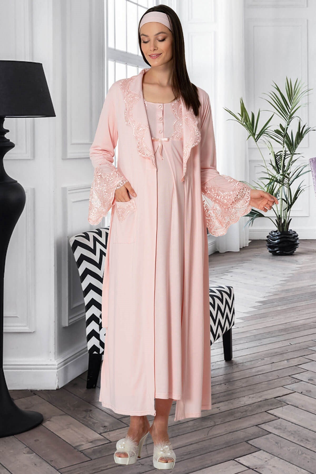 Shopymommy 5354 Lace Collar Maternity & Nursing Nightgown With Robe Powder