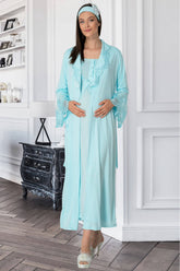 Shopymommy 5354 Lace Collar Maternity & Nursing Nightgown With Robe Turquoise