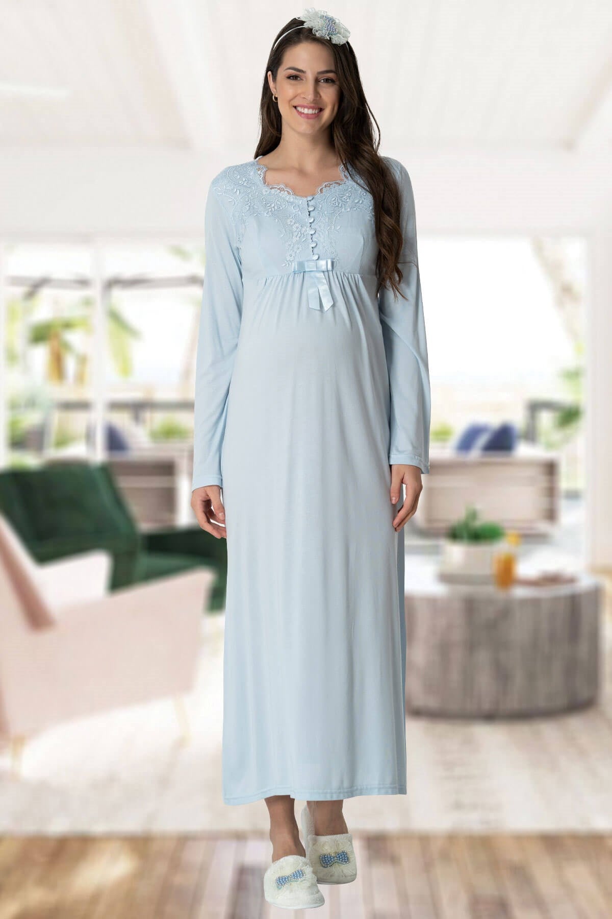 Shopymommy 5417 Elegant Lace Maternity & Nursing Nightgown With Robe Blue