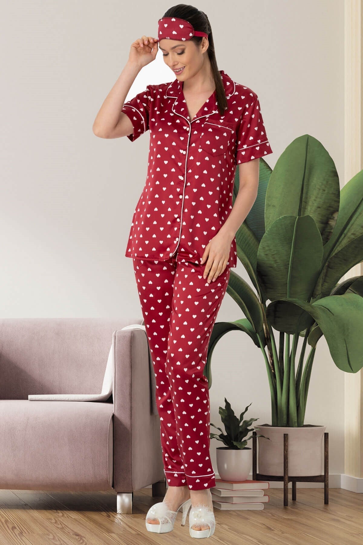 Shopymommy 5476 Heart Satin Maternity & Nursing Pajamas