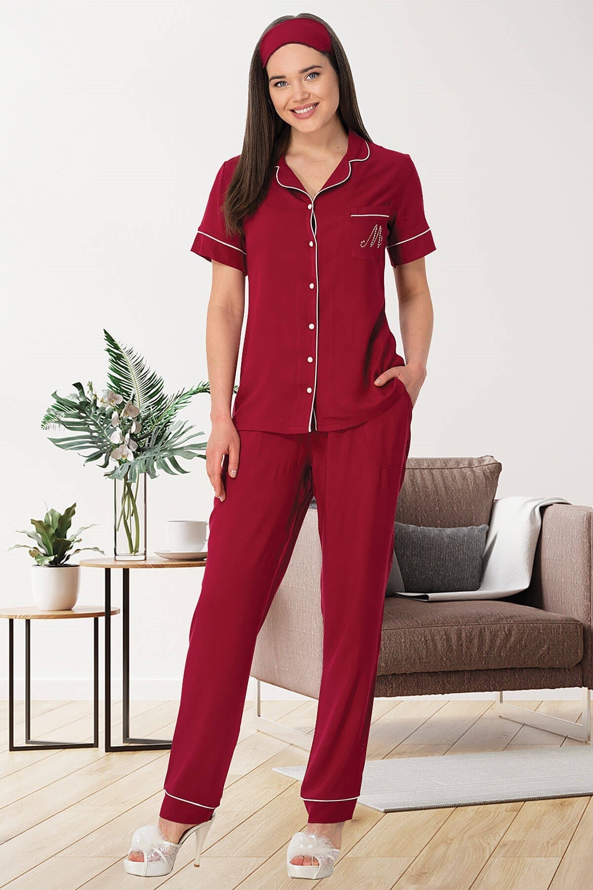 Shopymommy 5482 Woven Front Button Maternity & Nursing Pajamas