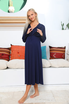 Shopymommy 55102 Silence Lace Embroidered Maternity & Nursing Nightgown Navy Blue