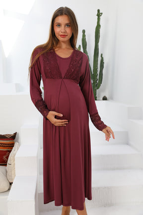 Shopymommy 55102 Silence Lace Embroidered Maternity & Nursing Nightgown Plum