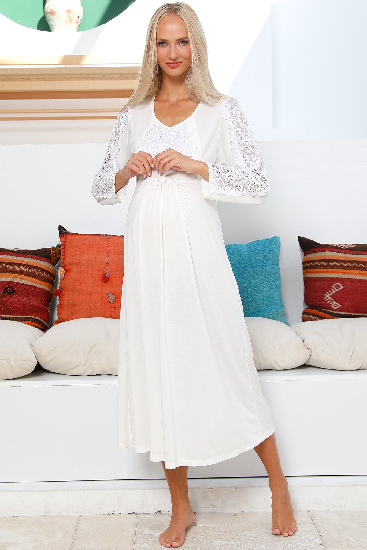 Shopymommy 55103 Elegance Lace Sleeves Maternity & Nursing Nightgown Ecru