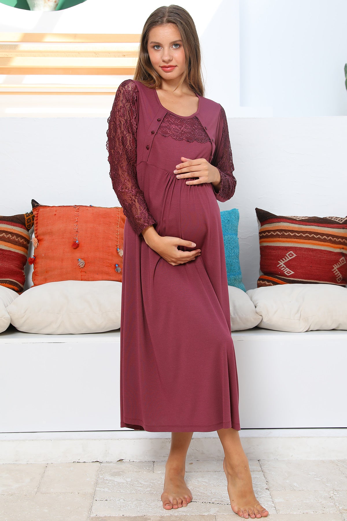 Shopymommy 55103 Elegance Lace Sleeves Maternity & Nursing Nightgown Plum
