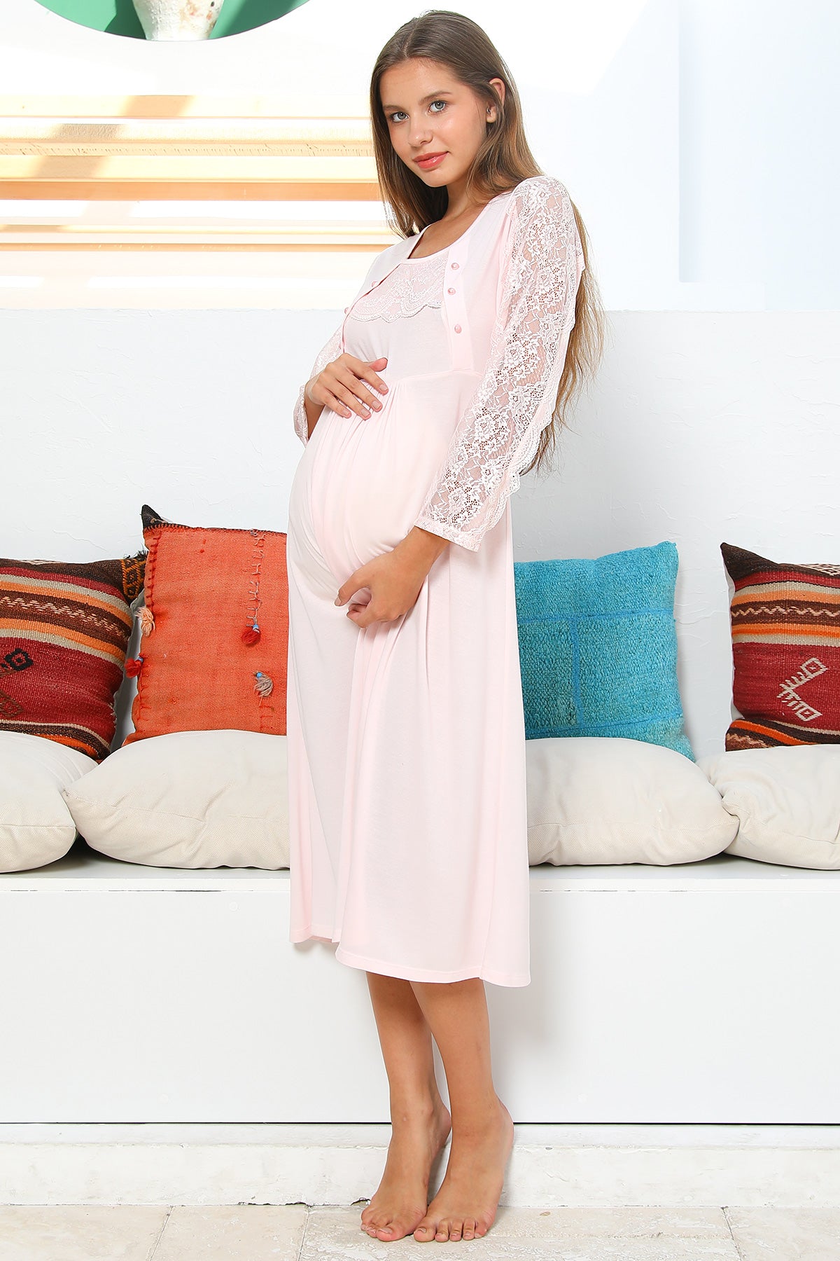 Shopymommy 55103 Elegance Lace Sleeves Maternity & Nursing Nightgown Pink