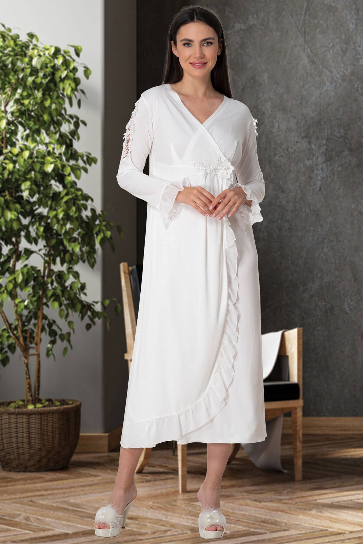 Shopymommy 5522 Guipure Double Breasted Maternity & Nursing Nightgown Ecru