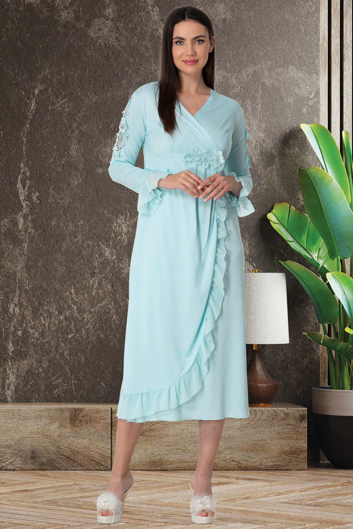 Shopymommy 5522 Guipure Double Breasted Maternity & Nursing Nightgown Turquoise