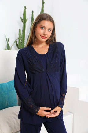 Shopymommy 55302 Silence Lace Embroidered Maternity & Nursing Pajamas Navy Blue