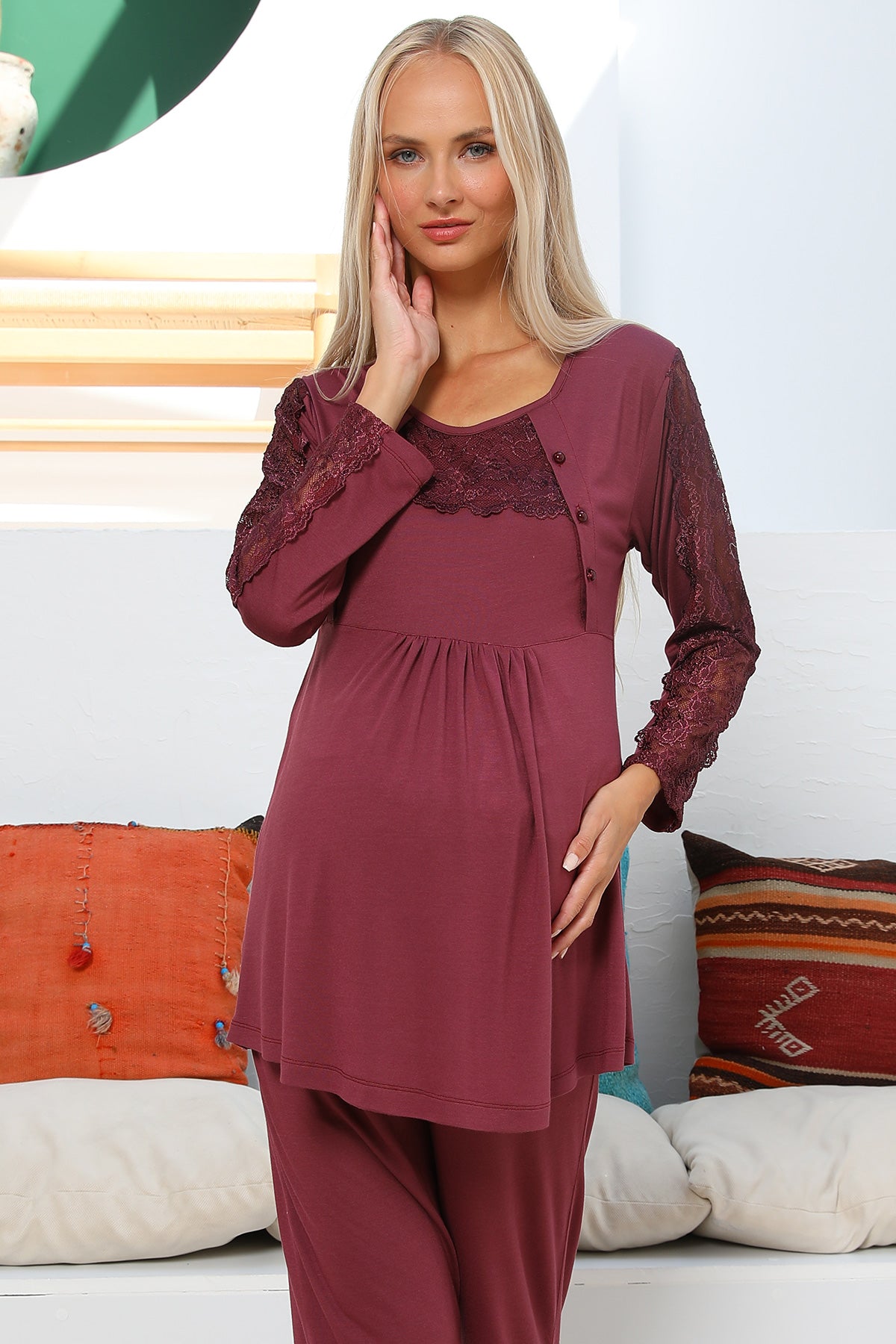 Shopymommy 55703 Elegance Lace Sleeves 3-Pieces Maternity & Nursing Pajamas With Welsoft Robe Plum