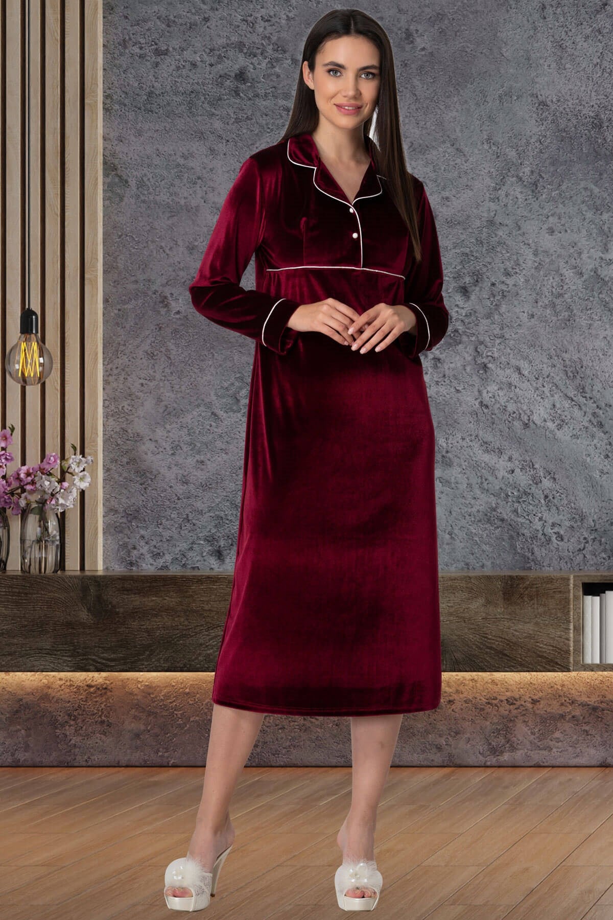 Shopymommy 5545 Velvet Maternity & Nursing Nightgown Claret Red