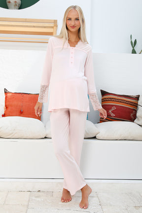 Shopymommy 55705 Princess Lace Collar 3-Pieces Maternity & Nursing Pajamas With Welsoft Robe Pink