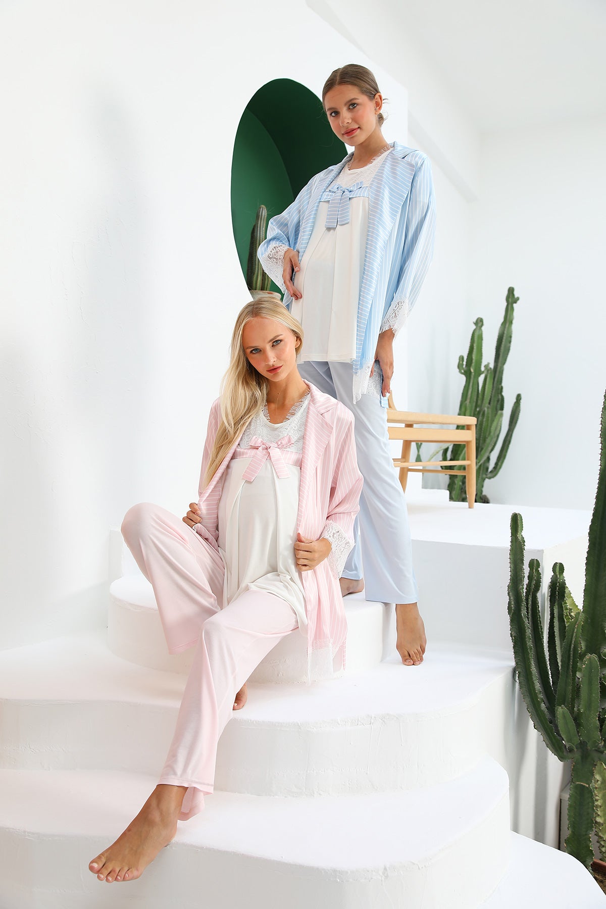 Shopymommy 55710 Angelic Lace 3-Pieces Maternity & Nursing Pajamas With Satin Robe Pink