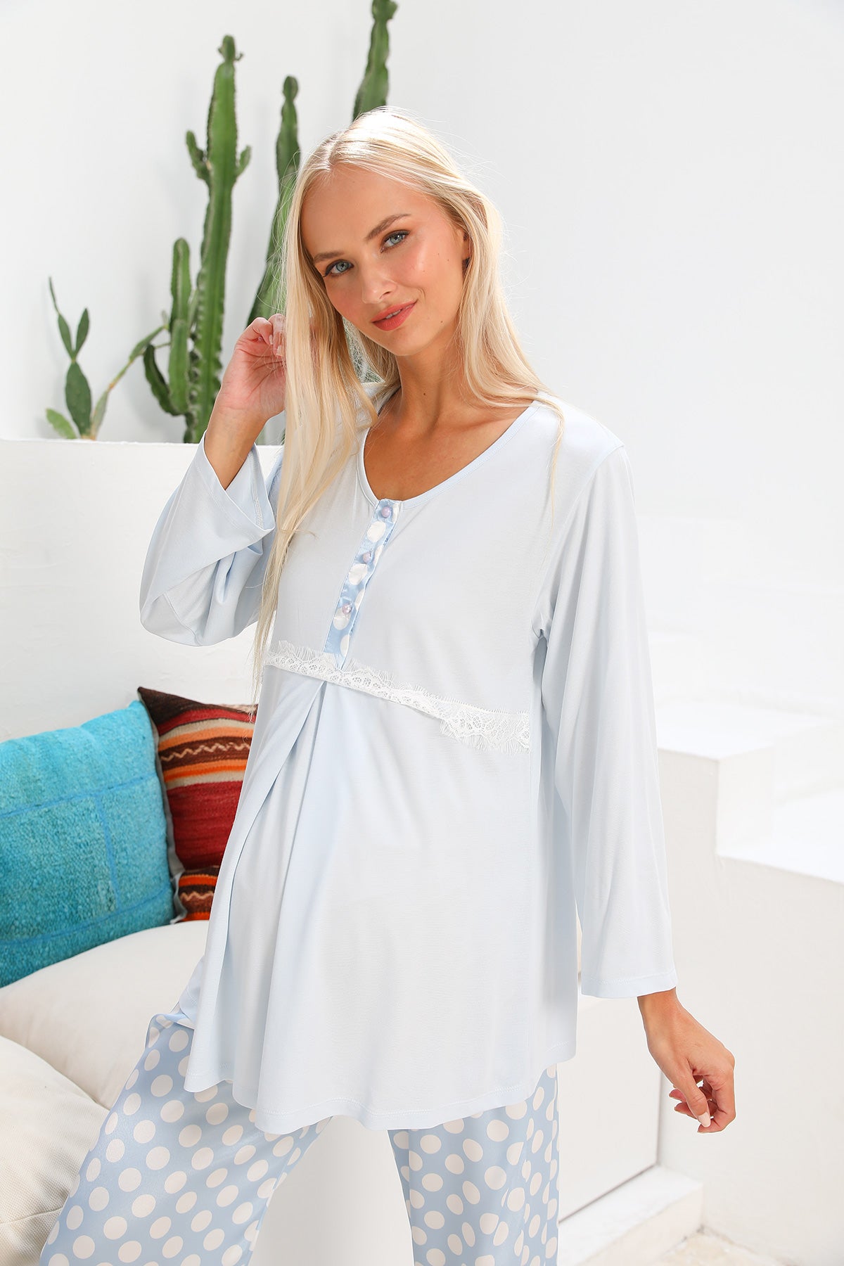 Shopymommy 55713 Venüs Polka Dot 3-Pieces Maternity & Nursing Pajamas With Satin Robe Blue