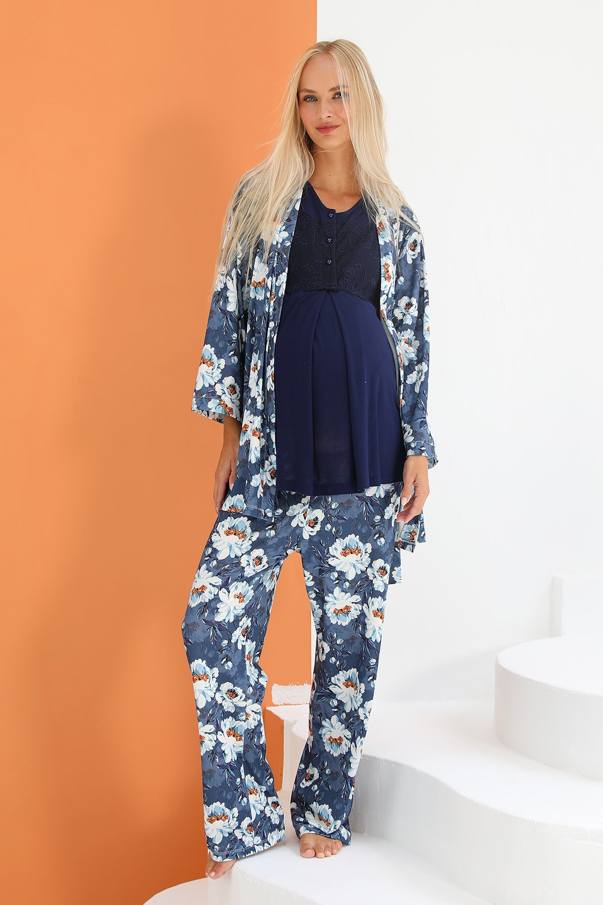 Shopymommy 55714 Blossom Lace Sleeve 3-Pieces Maternity & Nursing Pajamas With Flowery Robe Navy Blue