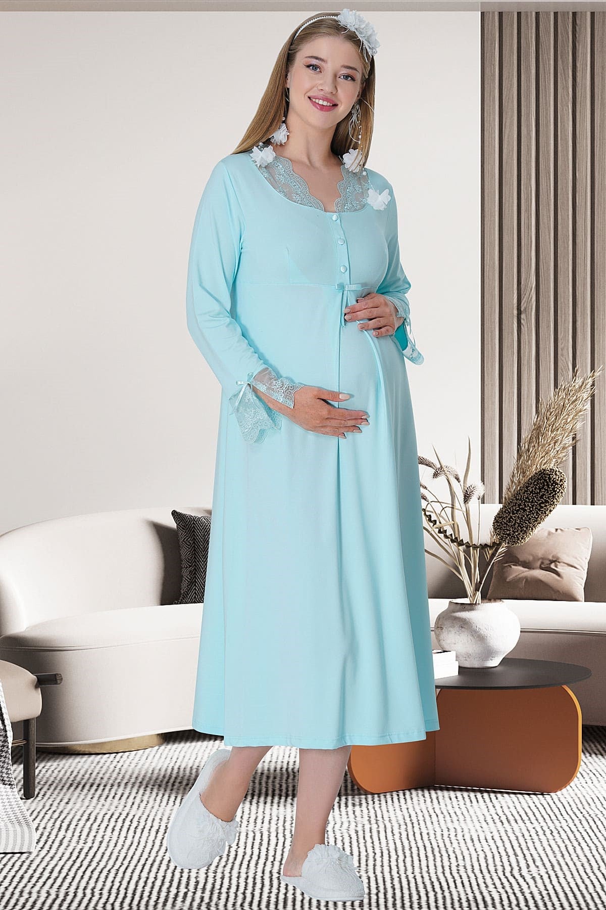 Shopymommy 5312 Lace Sleeves Maternity & Nursing Nightgown Turquoise