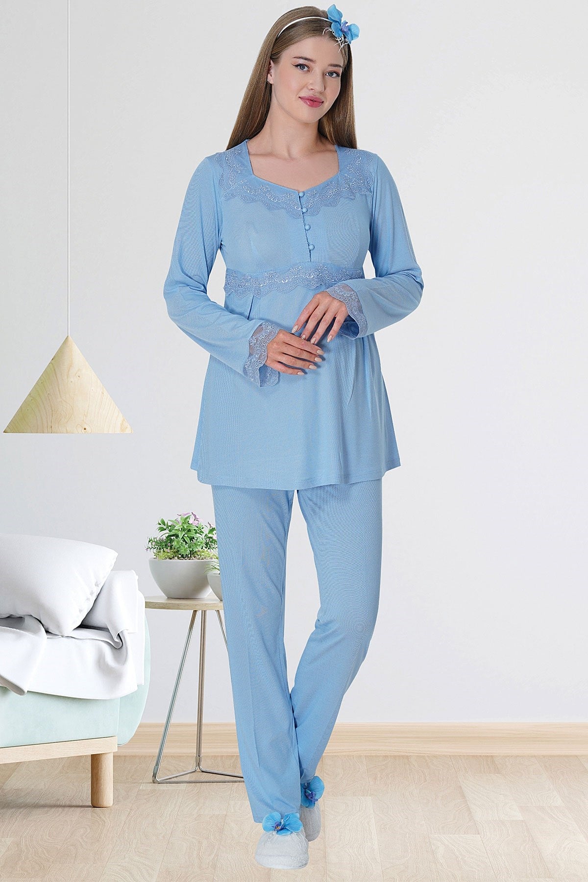 Shopymommy 5711 Lace Detailed Maternity & Nursing Pajamas Blue
