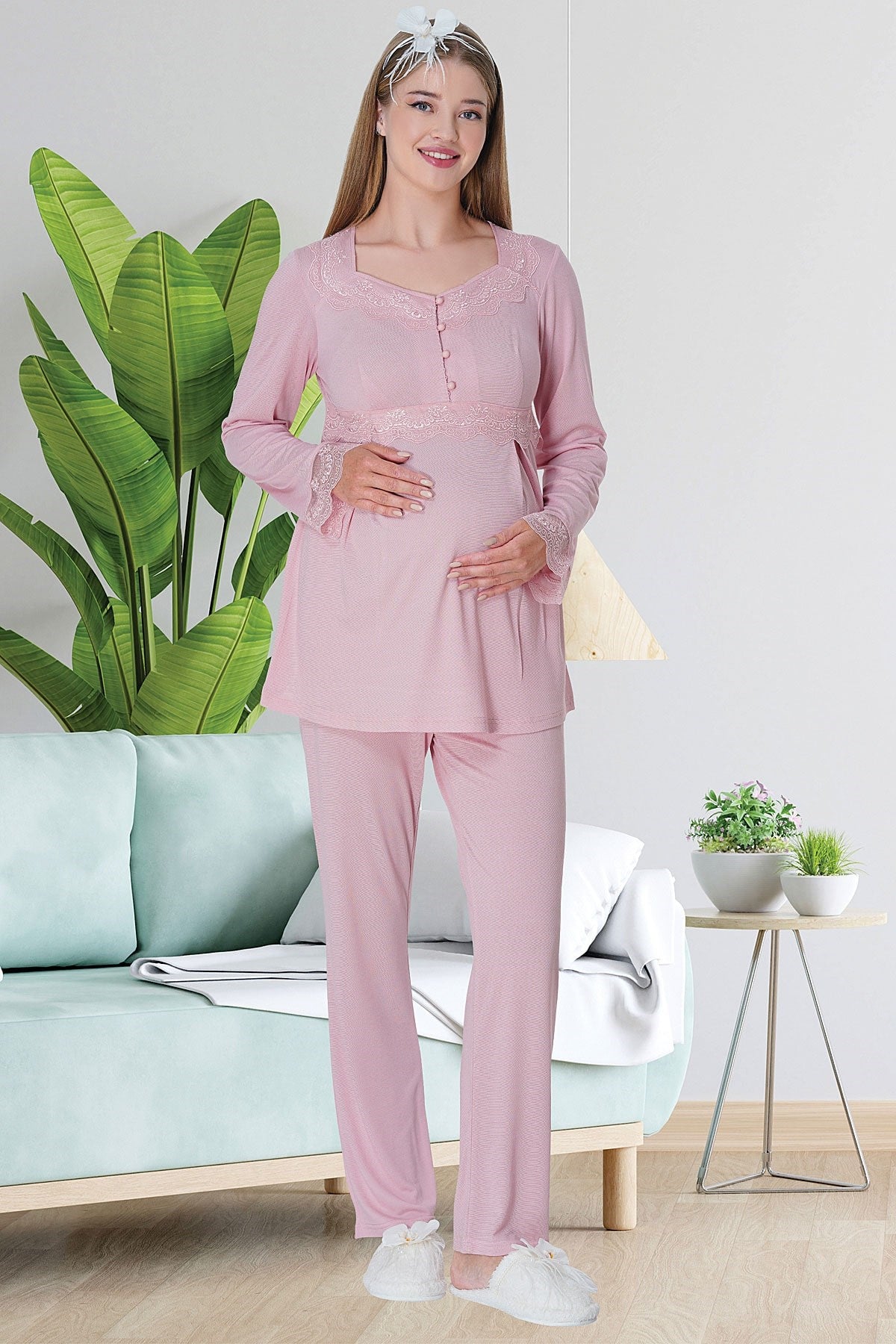 Shopymommy 5711 Lace Detailed Maternity & Nursing Pajamas Pink