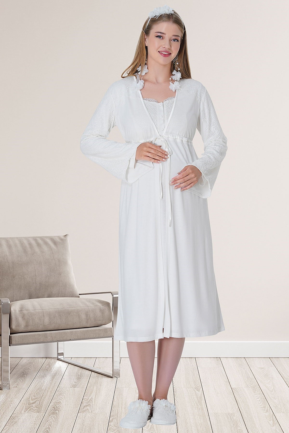 Shopymommy 5715 Lace Embroidered Maternity & Nursing Nightgown With Robe Ecru