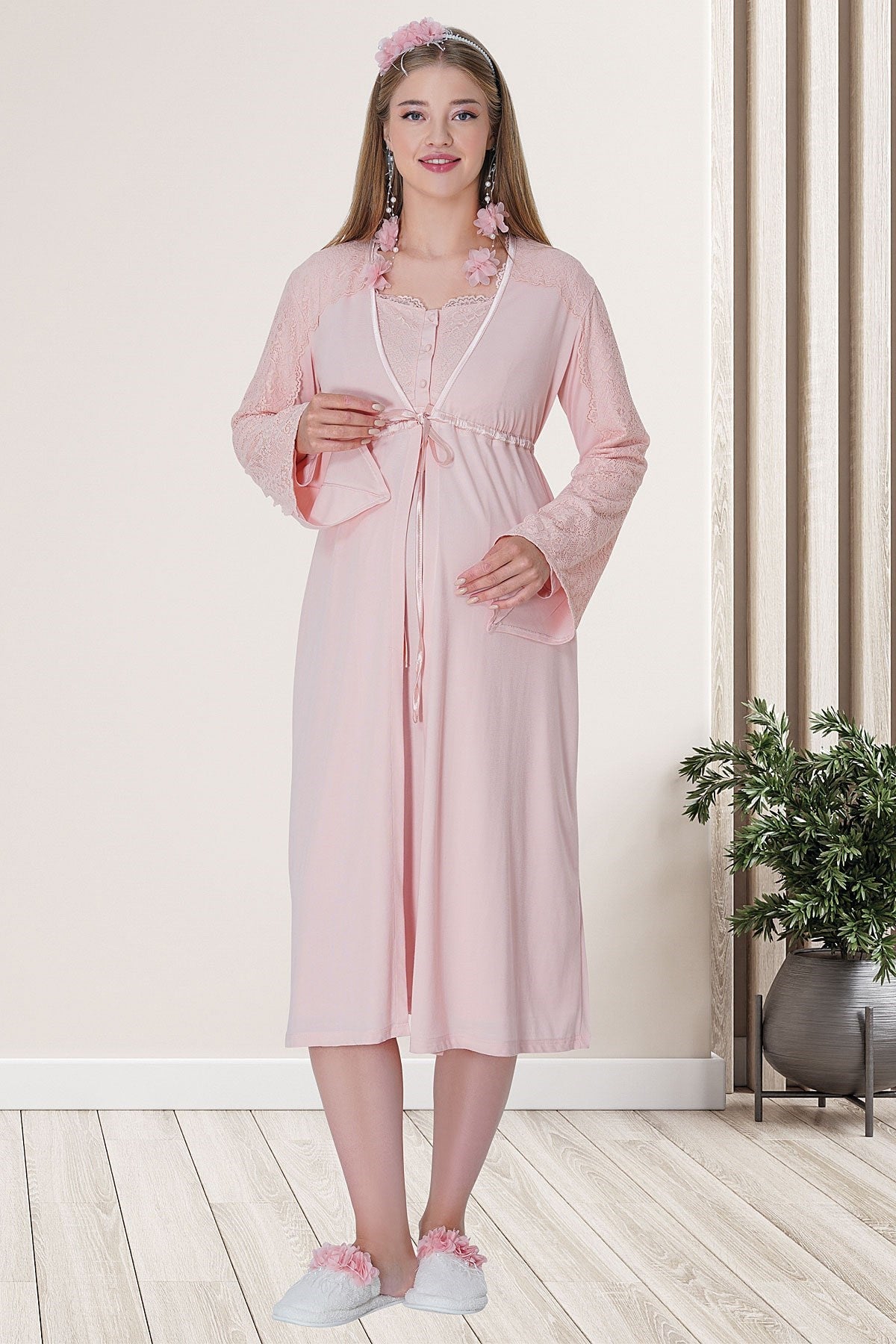Shopymommy 5715 Lace Embroidered Maternity & Nursing Nightgown With Robe Powder