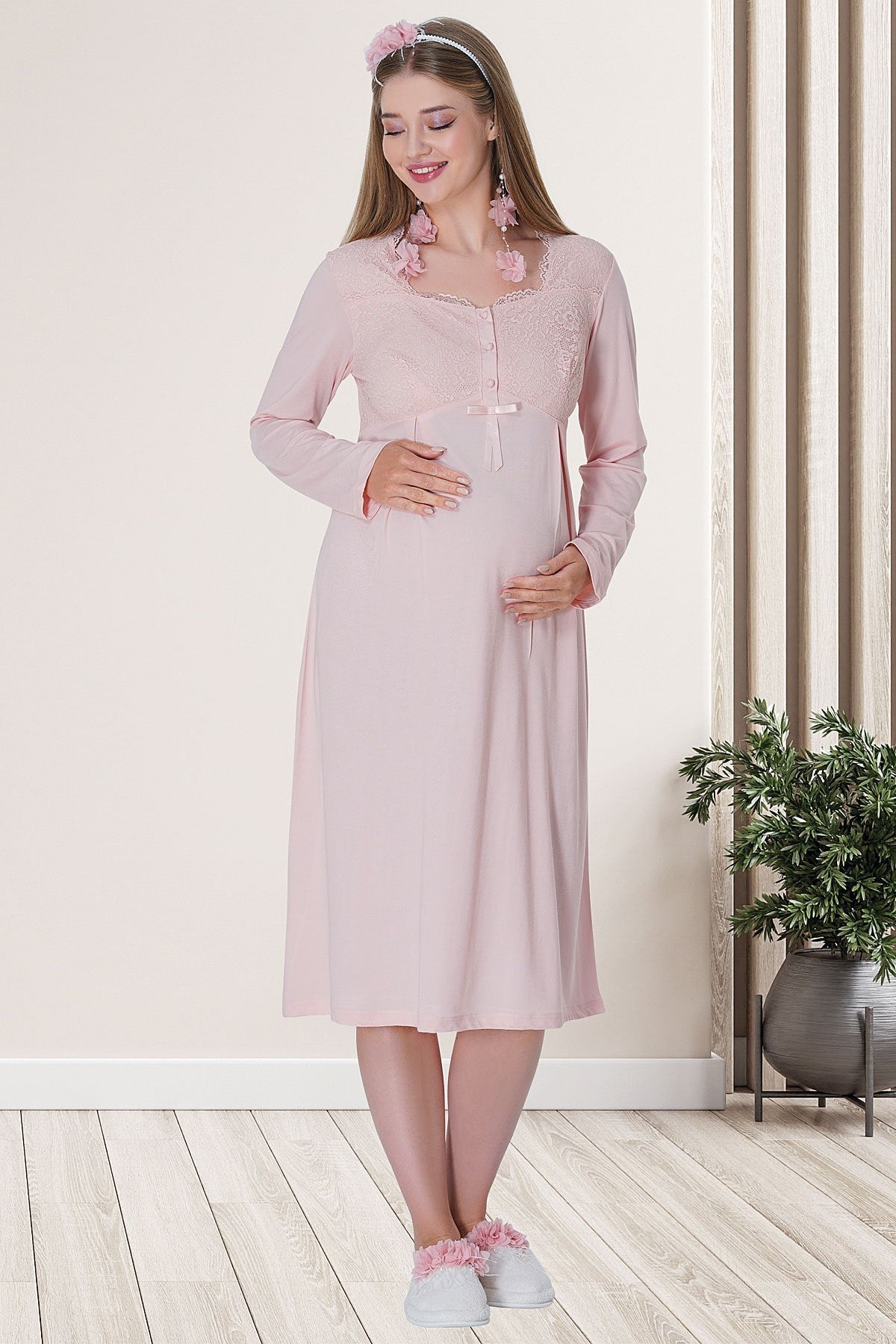 Shopymommy 5715 Lace Embroidered Maternity & Nursing Nightgown With Robe Powder