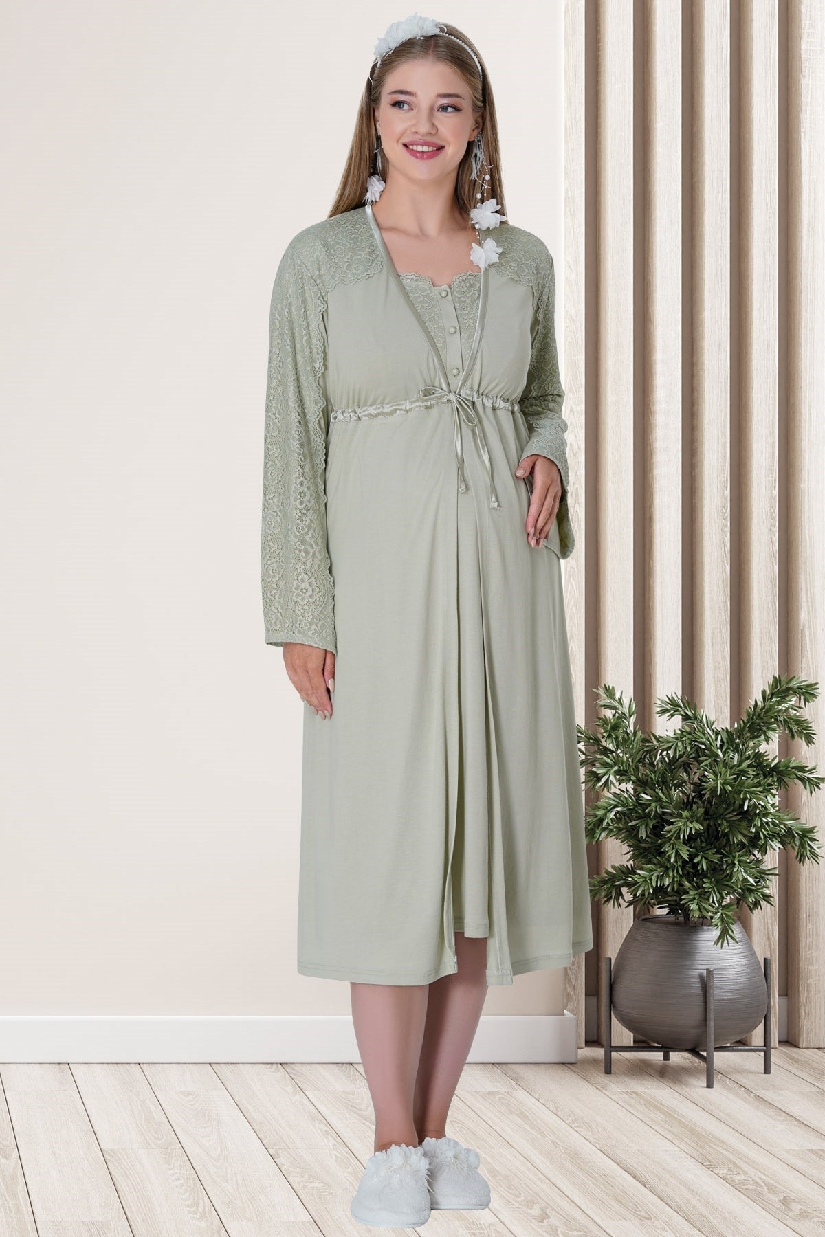 Shopymommy 5715 Lace Embroidered Maternity & Nursing Nightgown With Robe Green