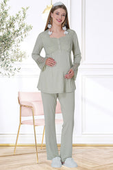 Shopymommy 5717 Lace Embroidered Maternity & Nursing Pajamas Green